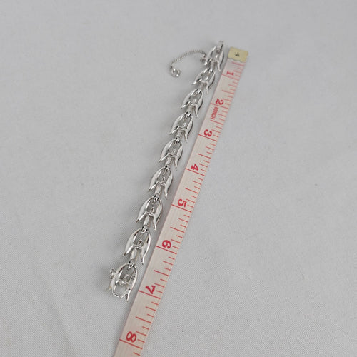Vintage Silver-Tone Rhinestone Leaf Link Bracelet