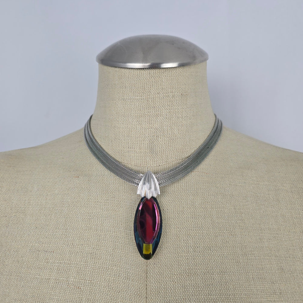 Vintage Multi-Strand Mesh Choker with Vitrail Crystal Marquise Pendant