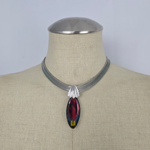 Vintage Multi-Strand Mesh Choker with Vitrail Crystal Marquise Pendant