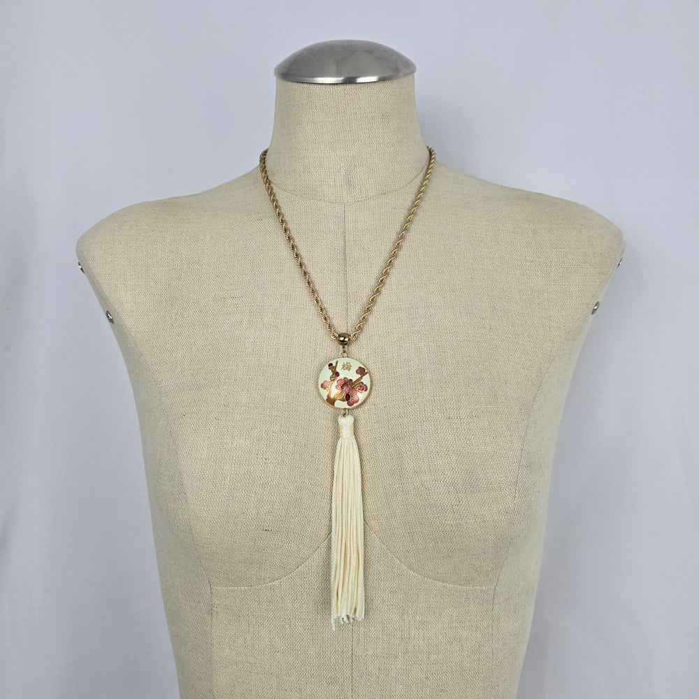 Vintage Cloisonné Plum Blossom Tassel Pendant Necklace