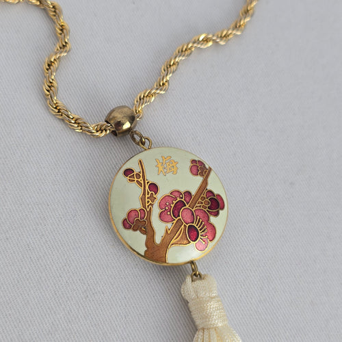 Vintage Cloisonné Plum Blossom Tassel Pendant Necklace