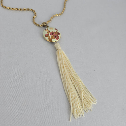 Vintage Cloisonné Plum Blossom Tassel Pendant Necklace