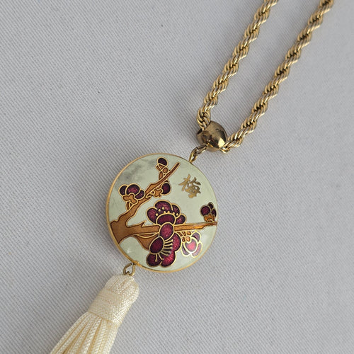 Vintage Cloisonné Plum Blossom Tassel Pendant Necklace