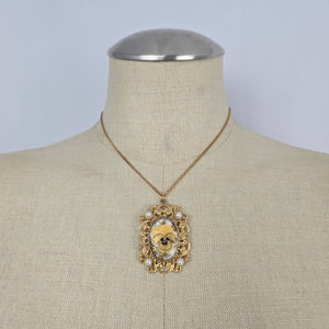 Vintage Floral Porcelain Pendant Necklace with Faux Pearls