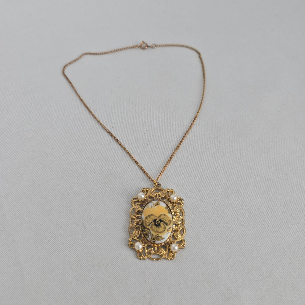 Vintage Floral Porcelain Pendant Necklace with Faux Pearls