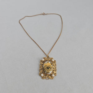 Vintage Floral Porcelain Pendant Necklace with Faux Pearls