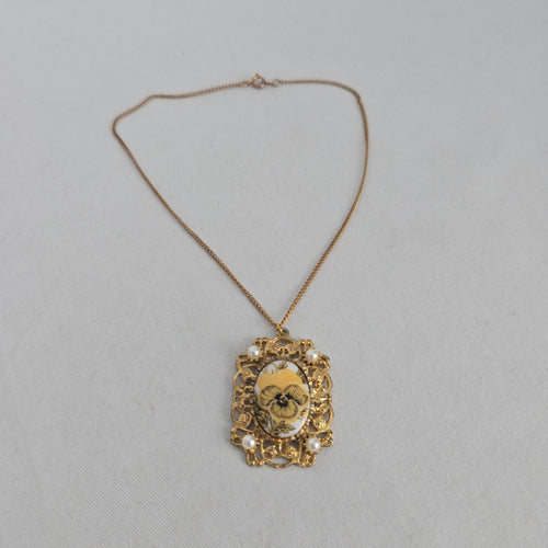 Vintage Floral Porcelain Pendant Necklace with Faux Pearls