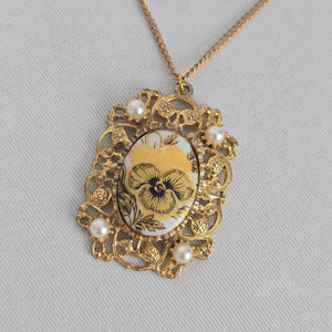 Vintage Floral Porcelain Pendant Necklace with Faux Pearls