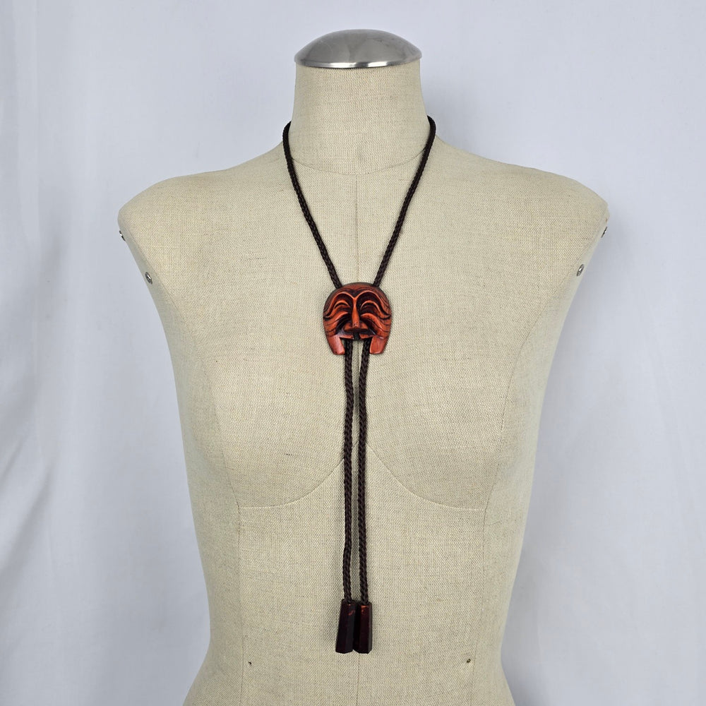 Vintage Korean Hahoe Mask Bolo Tie with Carved Wooden Mask