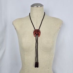 Vintage Korean Hahoe Mask Bolo Tie with Carved Wooden Mask