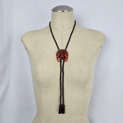 Vintage Korean Hahoe Mask Bolo Tie with Carved Wooden Mask