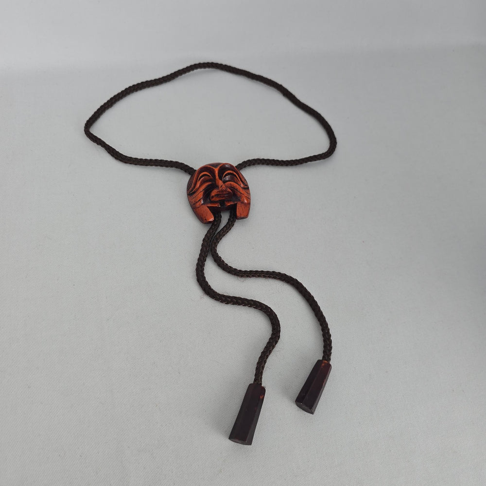Vintage Korean Hahoe Mask Bolo Tie with Carved Wooden Mask