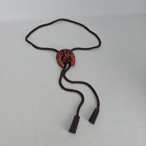 Vintage Korean Hahoe Mask Bolo Tie with Carved Wooden Mask