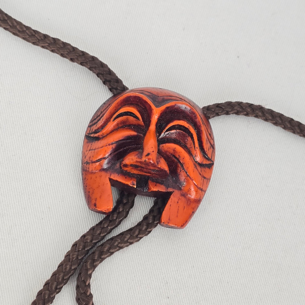 Vintage Korean Hahoe Mask Bolo Tie with Carved Wooden Mask