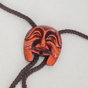 Vintage Korean Hahoe Mask Bolo Tie with Carved Wooden Mask
