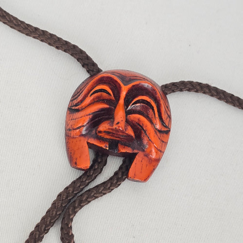Vintage Korean Hahoe Mask Bolo Tie with Carved Wooden Mask