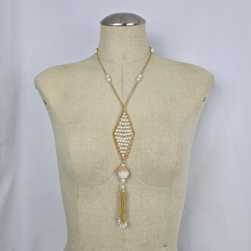 Vintage Gold Tone Faux Pearl Tassel Pendant Necklace