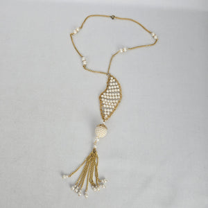 Vintage Gold Tone Faux Pearl Tassel Pendant Necklace