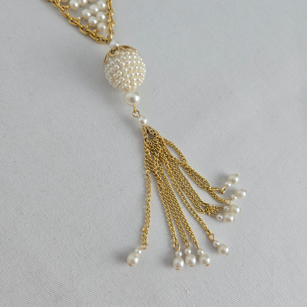 Vintage Gold Tone Faux Pearl Tassel Pendant Necklace