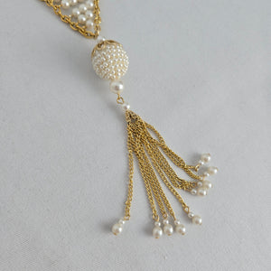 Vintage Gold Tone Faux Pearl Tassel Pendant Necklace