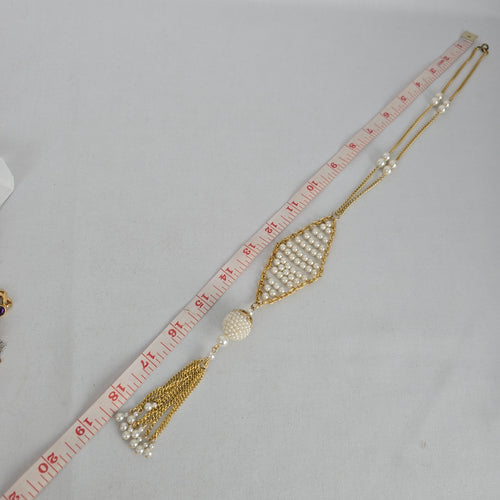 Vintage Gold Tone Faux Pearl Tassel Pendant Necklace