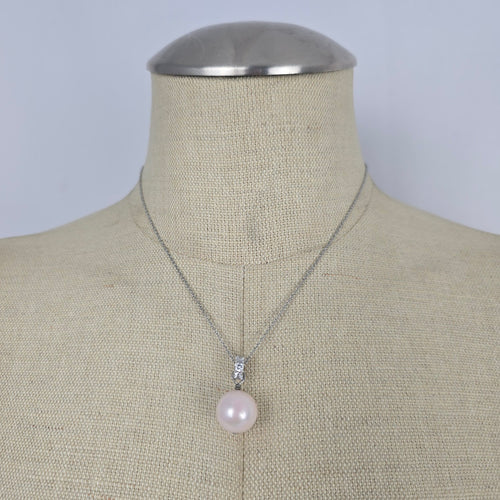 Silver Tone Faux Pearl & Crystal Pendant Necklace