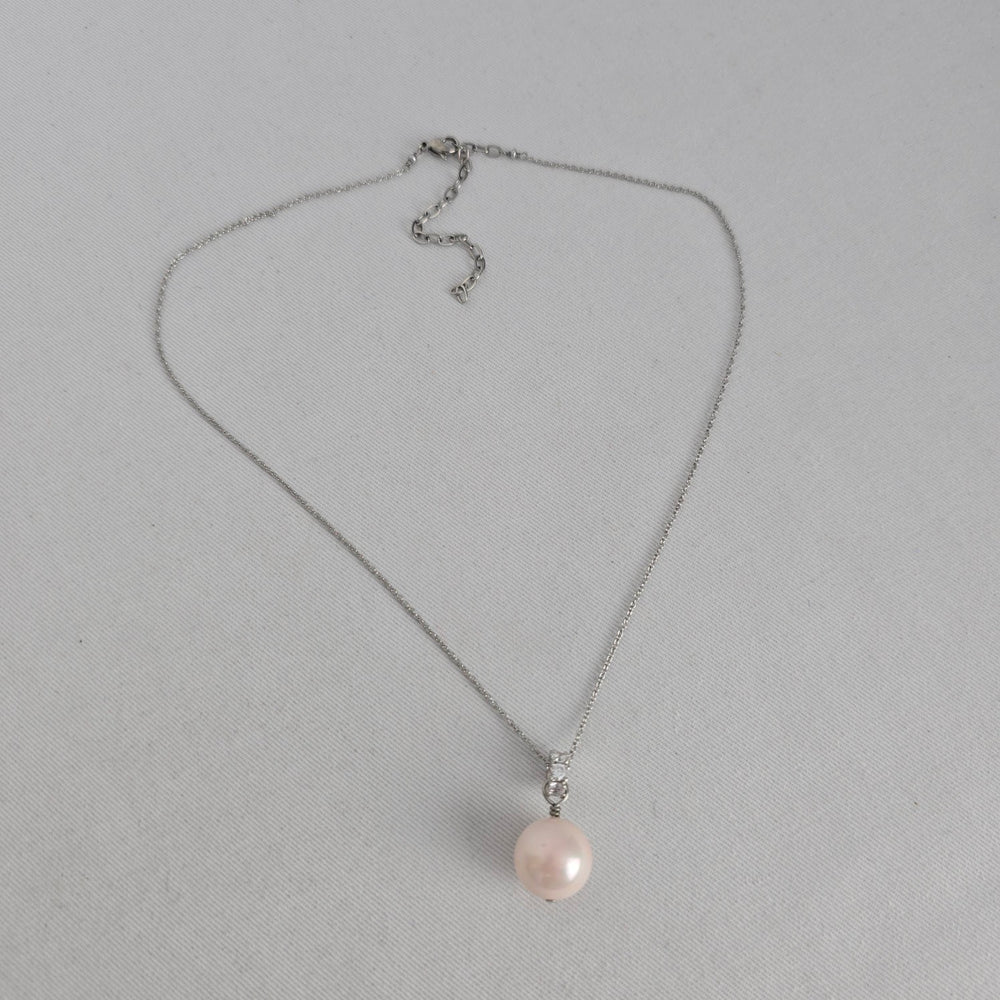 Silver Tone Faux Pearl & Crystal Pendant Necklace