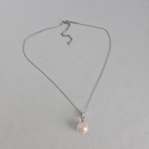Silver Tone Faux Pearl & Crystal Pendant Necklace
