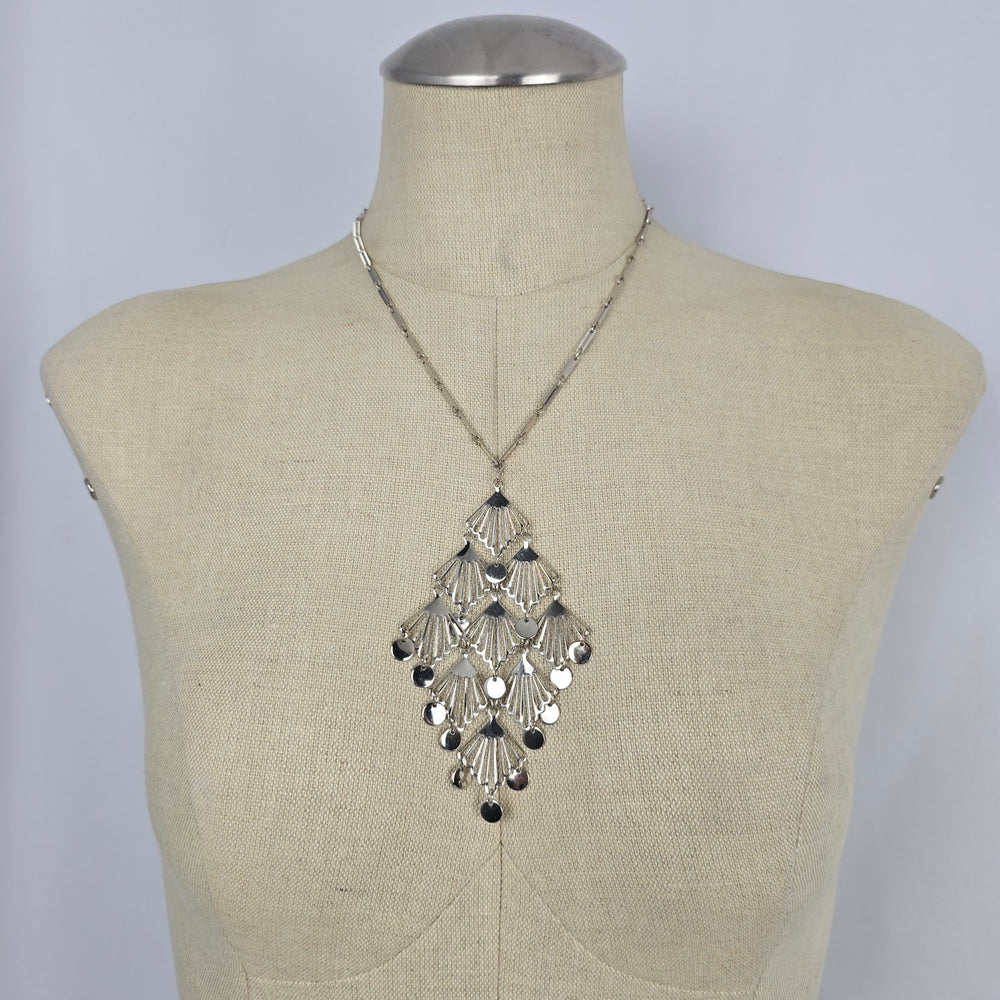 Silver Tone Art Deco Fan Fringe Statement Pendant Necklace