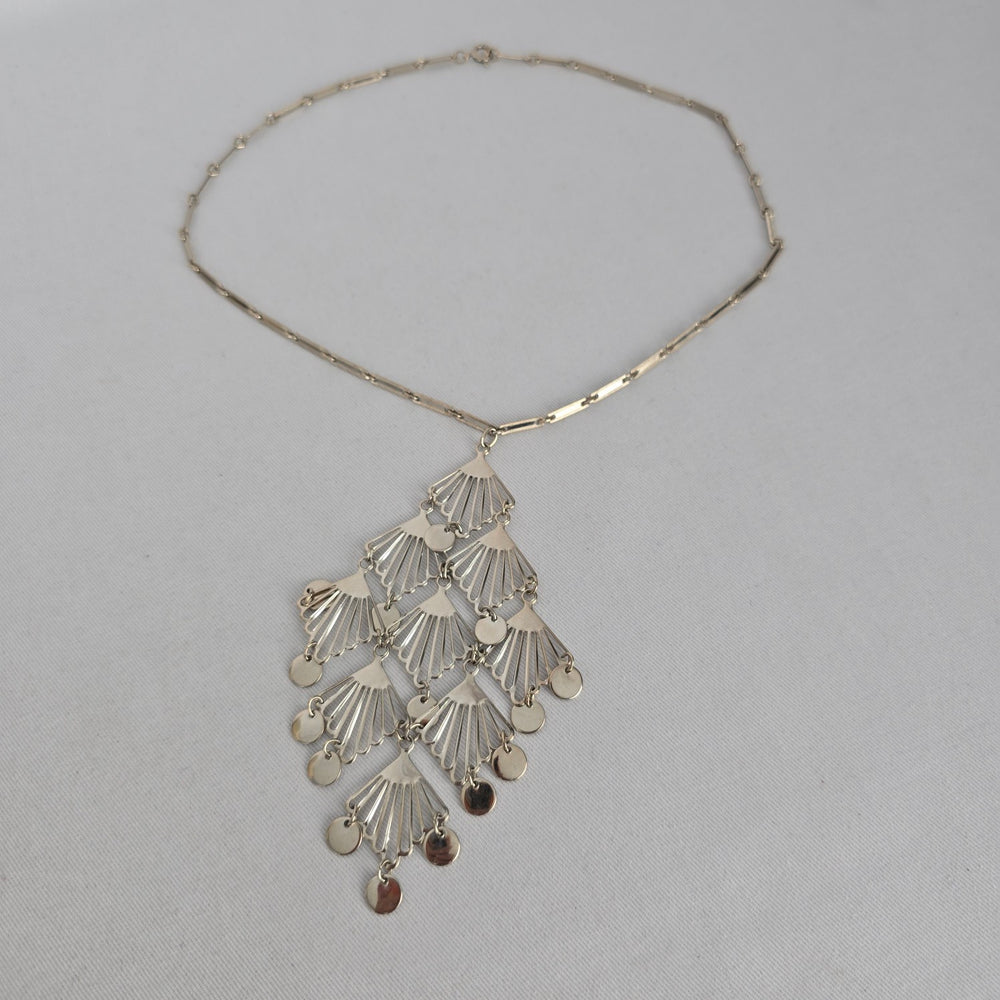 Silver Tone Art Deco Fan Fringe Statement Pendant Necklace