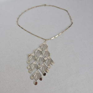 Silver Tone Art Deco Fan Fringe Statement Pendant Necklace