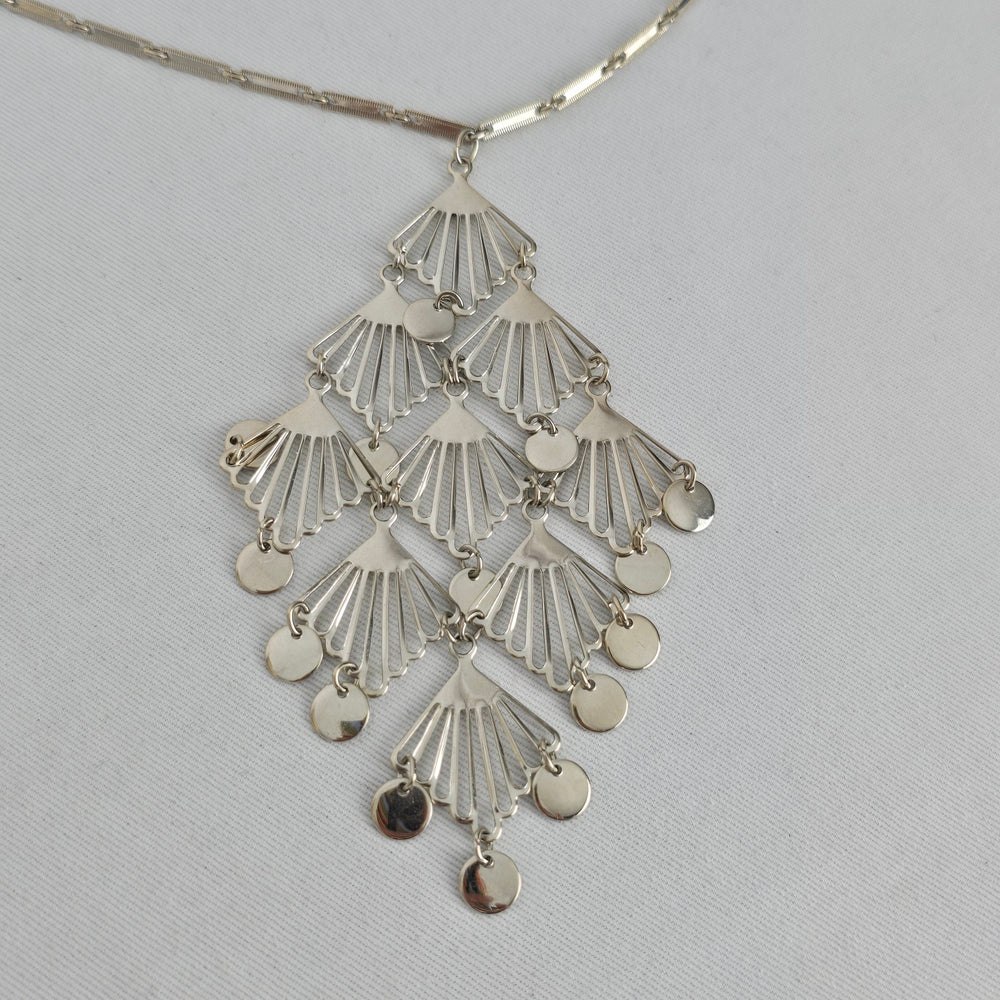Silver Tone Art Deco Fan Fringe Statement Pendant Necklace