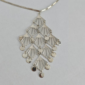 Silver Tone Art Deco Fan Fringe Statement Pendant Necklace