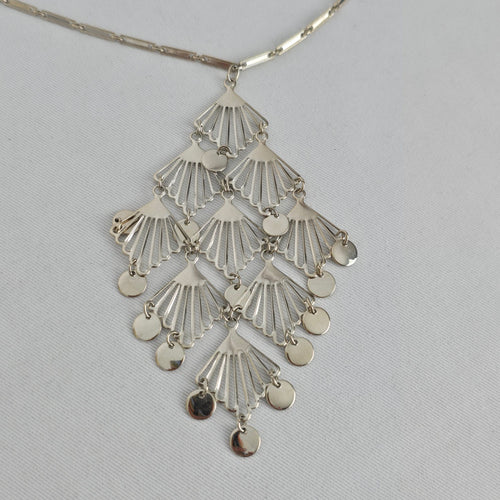 Silver Tone Art Deco Fan Fringe Statement Pendant Necklace