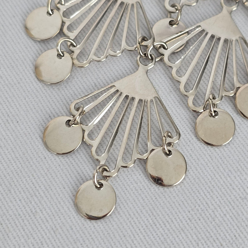 Silver Tone Art Deco Fan Fringe Statement Pendant Necklace