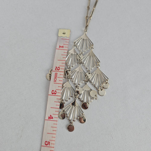 Silver Tone Art Deco Fan Fringe Statement Pendant Necklace