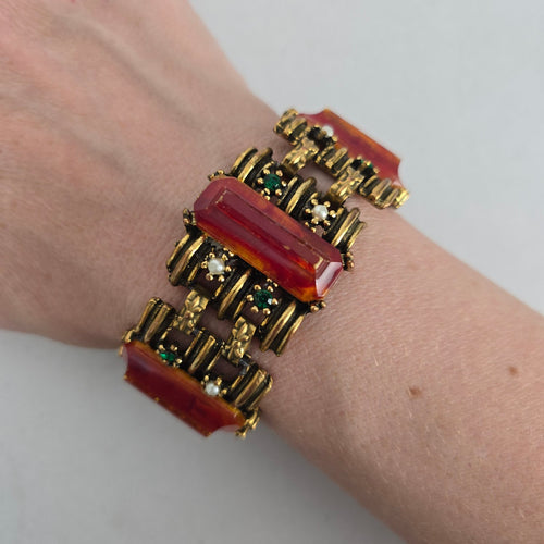 Vintage Gold Tone Red Stone & Green Rhinestone Statement Bracelet