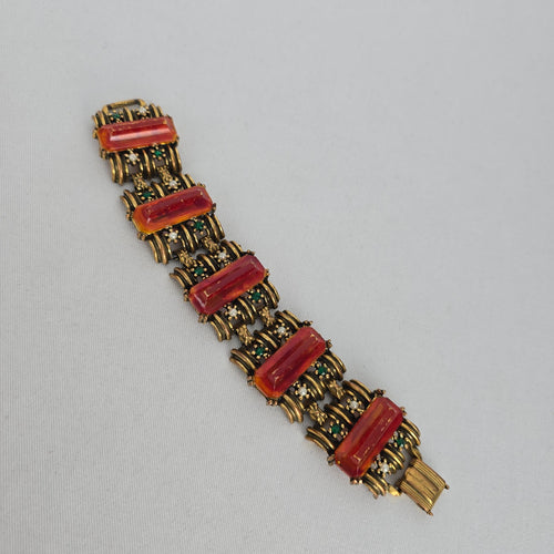 Vintage Gold Tone Red Stone & Green Rhinestone Statement Bracelet