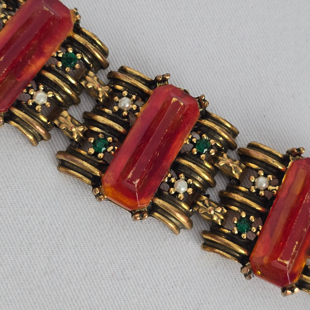Vintage Gold Tone Red Stone & Green Rhinestone Statement Bracelet