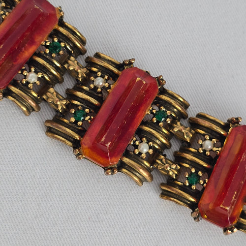 Vintage Gold Tone Red Stone & Green Rhinestone Statement Bracelet