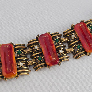 Vintage Gold Tone Red Stone & Green Rhinestone Statement Bracelet