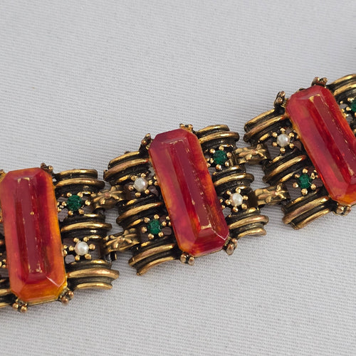 Vintage Gold Tone Red Stone & Green Rhinestone Statement Bracelet