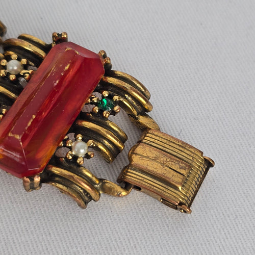 Vintage Gold Tone Red Stone & Green Rhinestone Statement Bracelet