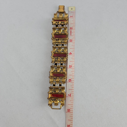 Vintage Gold Tone Red Stone & Green Rhinestone Statement Bracelet