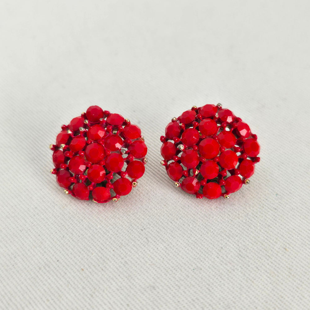 Vintage Red Rhinestone Cluster Clip-On Earrings