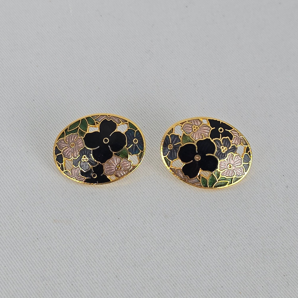 Vintage Gold Tone Floral Cloisonné Enamel Oval Stud Earrings