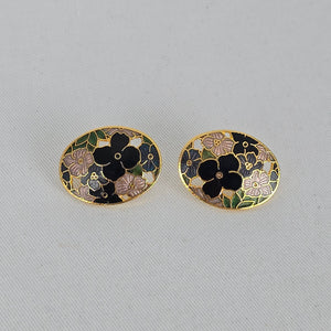 Vintage Gold Tone Floral Cloisonné Enamel Oval Stud Earrings