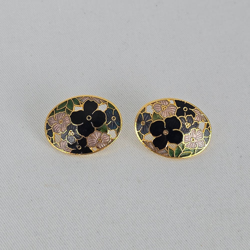 Vintage Gold Tone Floral Cloisonné Enamel Oval Stud Earrings