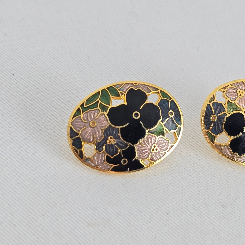 Vintage Gold Tone Floral Cloisonné Enamel Oval Stud Earrings