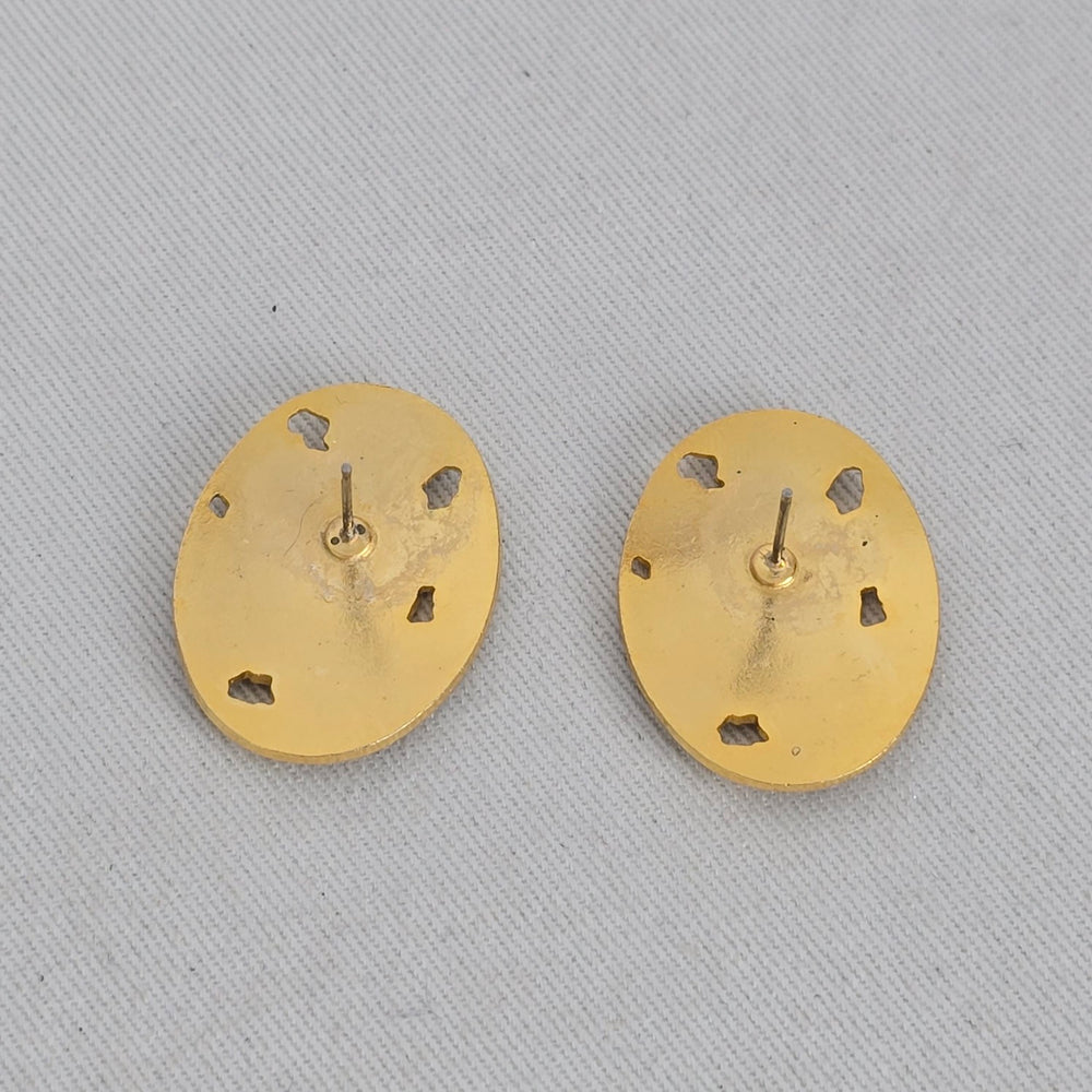 Vintage Gold Tone Floral Cloisonné Enamel Oval Stud Earrings